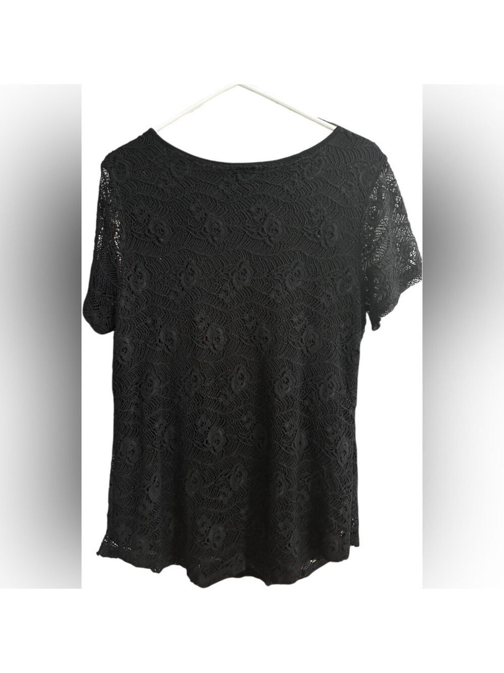 Leo and Nicole Lace Scoop Neck Short Sleeve Black Shirt - Picture 3 of 7